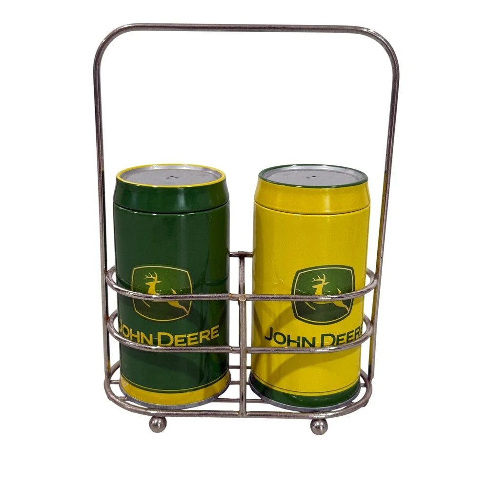 John Deere Salt and Pepper Shaker Set with Metal Wire Caddy Green Yellow Tin